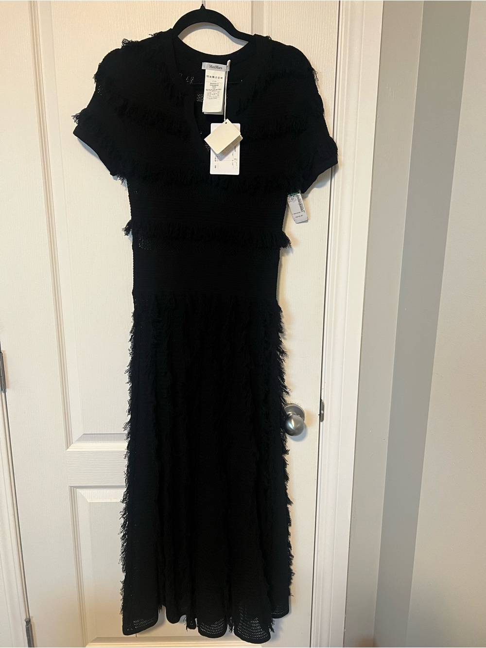 MaxMara Grazia Fringed Black Textured Midi Dress